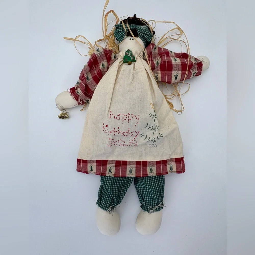 Festive Vintage Handmade Plaid Christmas Doll with “Happy Birthday Jesus”